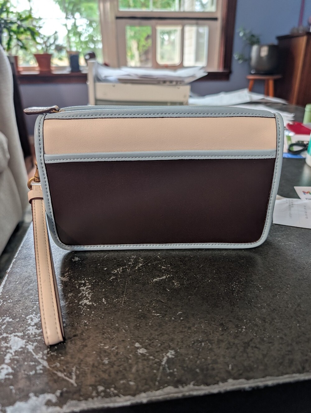 Coach Britt Wristlet Colorblock White Blue Chocolate Brown